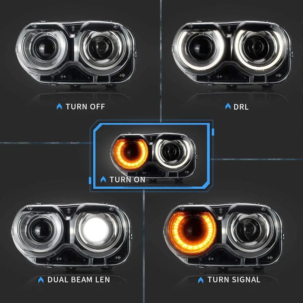 Dodge Challenger 2015-2019 w/Dual Beam Lens Projector w/White DRL D2S/ D2H Bulbs (Not Includ)