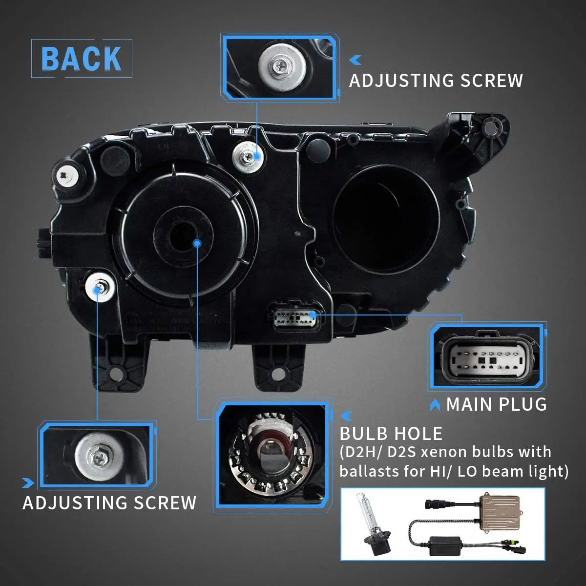 Dodge Challenger 2015-2019 w/Dual Beam Lens Projector w/White DRL D2S/ D2H Bulbs (Not Includ)